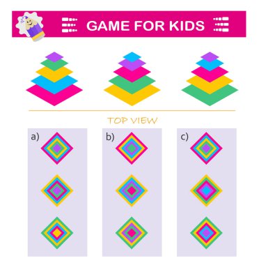 Mantıklı bulmaca oyunu. Piramitlerin doğru üst görünümü bulunmalı. IQ eğitim testi. Vektör illüstrasyonu. 