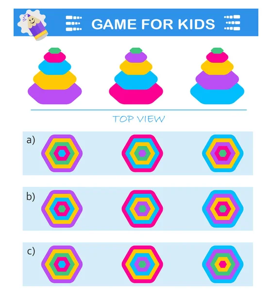 Mantıklı bulmaca oyunu. Piramitlerin doğru üst görünümü bulunmalı. IQ eğitim testi. Vektör illüstrasyonu. 