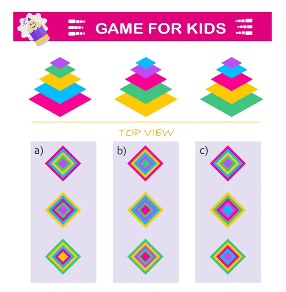 Mantıklı bulmaca oyunu. Piramitlerin doğru üst görünümü bulunmalı. IQ eğitim testi. Vektör illüstrasyonu. 