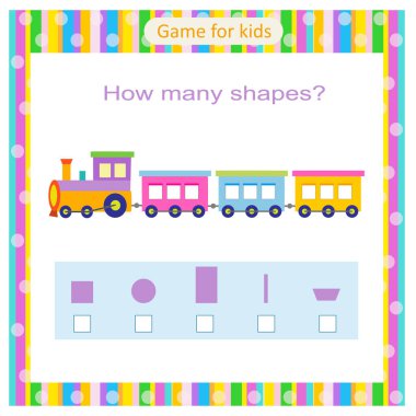  Educational game for kids. The locomotive in the form of geometric shapes. Count rectangles, triangles, squares, circles. 