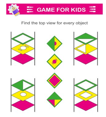 Mantıklı bulmaca oyunu. Çocukların dikkatine. Doğru üst görünüm bulunmalı. IQ eğitim testi
