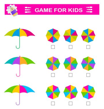 Mantıklı bulmaca oyunu. Çocukların dikkatine. Şemsiyelerin doğru üst görüntüsünü bulmam gerekiyor. IQ eğitim testi