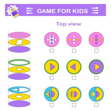 Mantıklı bulmaca oyunu. Çocukların dikkatine. Doğru üst görünüm bulunmalı. IQ eğitim testi