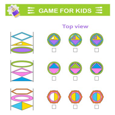 Mantıklı bulmaca oyunu. Çocukların dikkatine. Doğru üst görünüm bulunmalı. IQ eğitim testi