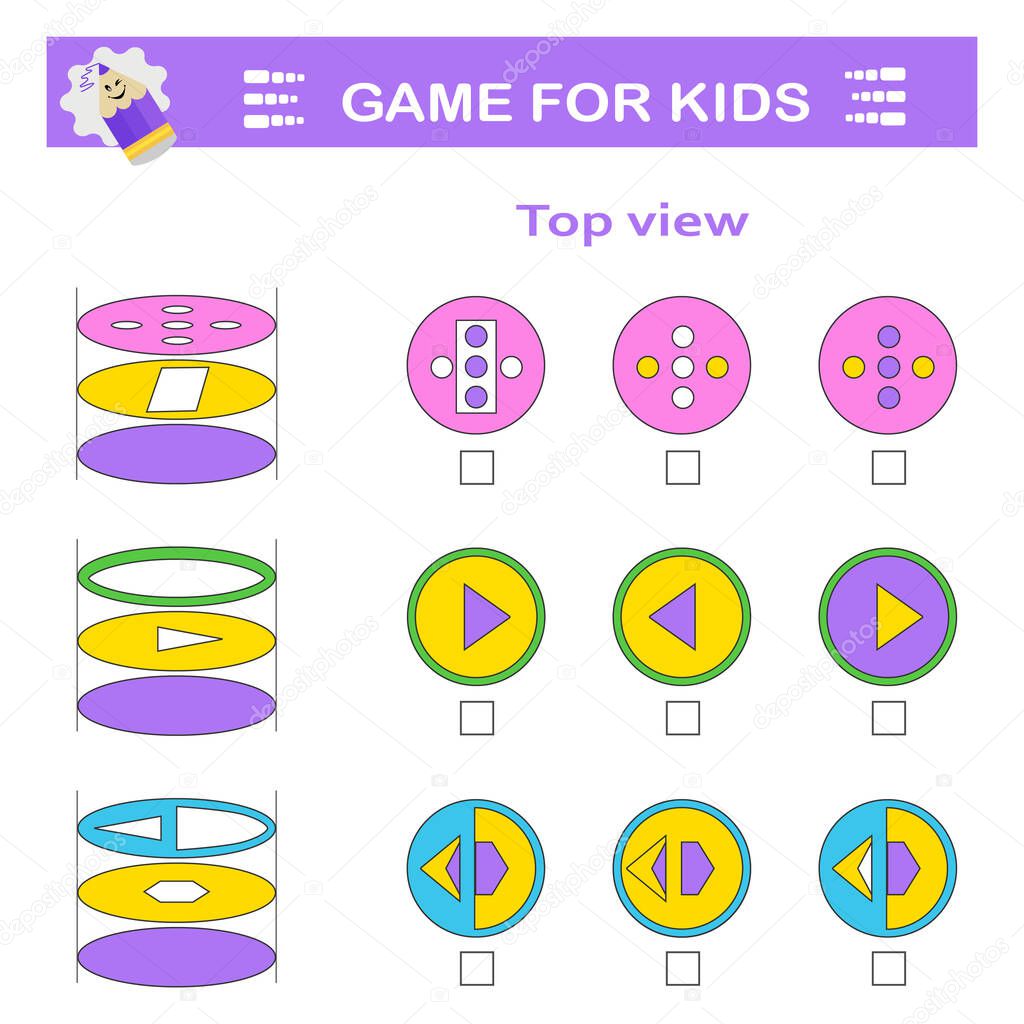 Logical puzzle game. Attention tasks for children. Need to find correct top view. IQ training test