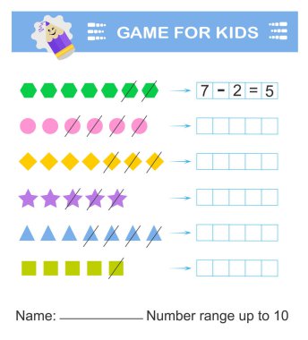 Çocuklar için matematik oyunu. Okul öncesi çalışma programı aktivitesi. Yazdırılabilir çalışma kağıdı. Sayı aralığı 10 'a kadar. Vektör illüstrasyonu