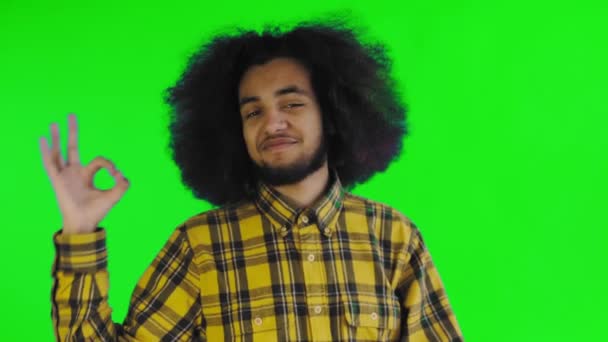 Een jonge man met een Afrikaans kapsel op een groene achtergrond toont het OK gebaar. Emoties op een gekleurde achtergrond. — Stockvideo