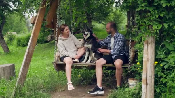 Bir adam ve bir kadın, iri yarı bir köpekle tahta bir salıncakta oturuyorlar. Köpeği okşayan genç bir çift. Doğada — Stok video