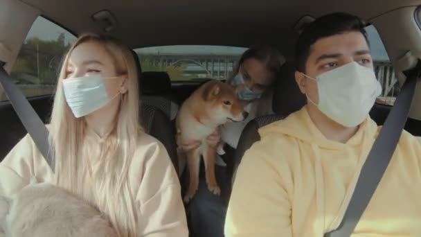 Um pequeno grupo de pessoas mascaradas está andando em um carro com um gato e um cachorro, sorrindo e olhando ao redor. Pessoas e animais andam de carro — Vídeo de Stock