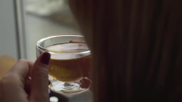 Ein junges Mädchen sitzt am Fenster und hält einen Glasbecher mit warmem Tee in der Hand, der kühle Luft in ihre Tasse bläst. — Stockvideo