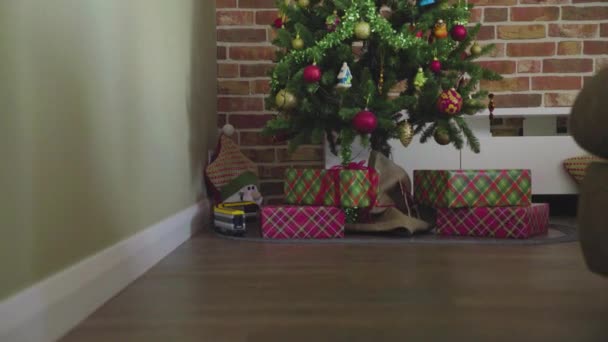 In der Ecke des Hauses steht ein Weihnachtsbaum mit einem Bündel Geschenke darunter, und um den Baum herum fährt eine Spielzeugeisenbahn. Gemütliche Atmosphäre — Stockvideo