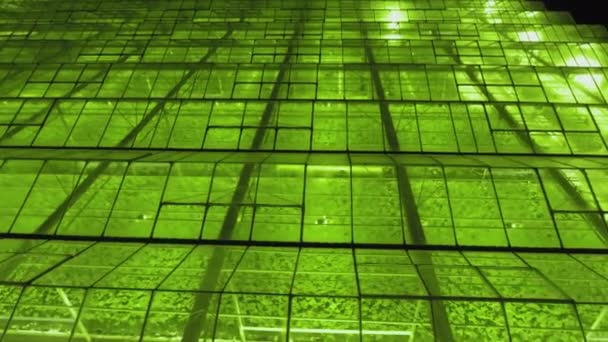 Abstract green geometric background. Illuminated greenhouses at night. Agricultural infrastructure on glass roofs. — Stock Video