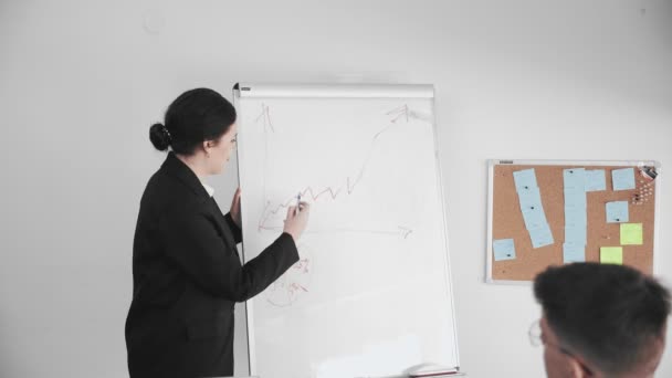 Egy üzletasszony, aki üzleti ügyeket old meg. Egy nő áll egy mágneses tábla és rajzol grafikonokat. Üzletemberek — Stock videók