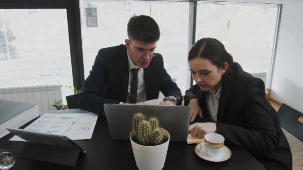 Ein Geschäftsmann und eine Frau sitzen an einem Tisch und lösen geschäftliche Probleme und freuen sich über neue Ideen. Geschäftsleute — Stockvideo