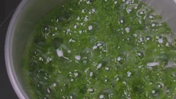 Close-up van de bereiding van groene karamel. Lolly 's bakken op een stokje — Stockvideo