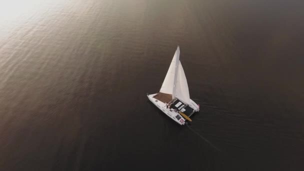 En liten segelbåt seglar på floden vid solnedgången — Stockvideo