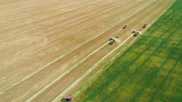 Vista a volo d'uccello di trattore e camion che lavorano sul campo — Video Stock