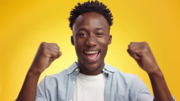 若いアフリカ系アメリカ人の男は喜んで応援し、拳を振り、カメラに笑い、黄色の背景をサポートします — ストック動画