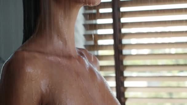 Irreconocible dama sin camisa tomando ducha relajante en el baño interior, recortado — Vídeos de Stock