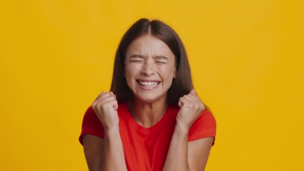 Senhora alegre balançando punhos gritando celebrando vitória, fundo amarelo — Vídeo de Stock