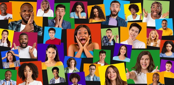 Serie di ritratti di giovani uomini e donne diversi con diverse emozioni reali, isolati su sfondi colorati — Foto Stock