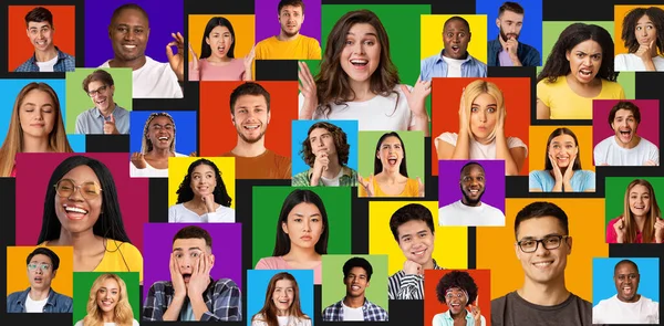 Bright real different emotions of young European, African American, Asian and mixed race men and women — Stock Photo, Image