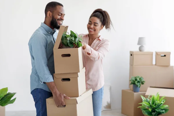 Feliz milenar Africano americano marido e esposa desempacotando caixas, tirar plantas em vasos na sala de estar — Fotografia de Stock