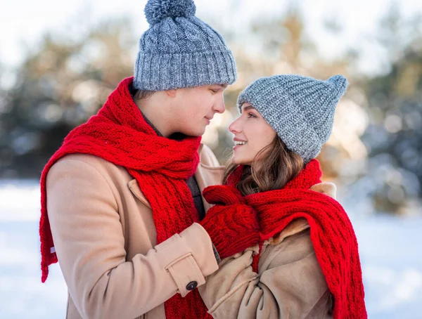 Närbild foto av vackra romantiska par på vintern skogen — Stockfoto