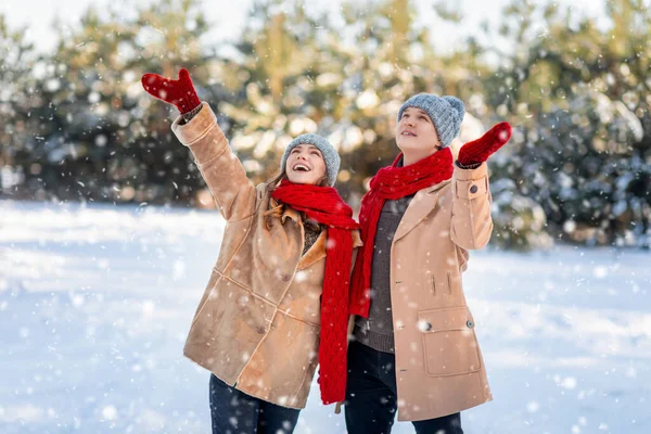 Vackra älskare promenader genom vinterskogen medan snöar — Stockfoto