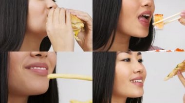 Asyalı Kadın Abur cubur yiyor, Kırpılmış Atışlar Kolajı