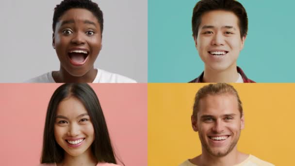 Collage con gente alegre y multicultural sonriendo en coloridos fondos pasteles — Vídeo de stock
