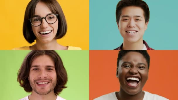 Glad Multiracial Ungdomar ler mot kameran över färgglada bakgrunder — Stockvideo