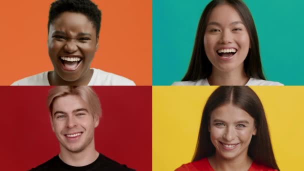 Feliz Diverso Millennials mujeres y hombres sonriendo sobre fondo colorido — Vídeo de stock