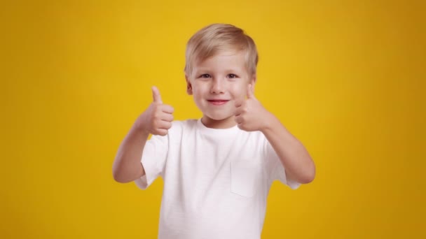 Kinderen goedkeuring. Studio portret van schattige kleine blanke jongen gebaren duimen omhoog met beide handen en glimlachen naar camera — Stockvideo