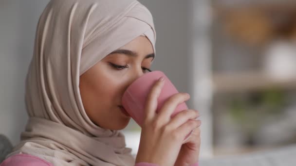 Bom dia. Close up de jovem mulher muçulmana pacífica em hijab beber café quente, desfrutar de bebida fresca em casa — Vídeo de Stock