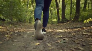 Aktif dinlenme. Sonbahar ormanlarında yürüyüş ve turizmden zevk alan, tanınmayan kadın bacakları.