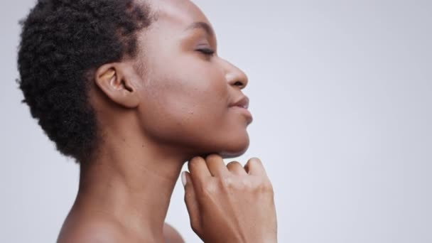 Afrikai amerikai szépség. Profil portré fiatal gyönyörű fekete hölgy modell simogató nyakát és mosolygós, üres hely — Stock videók