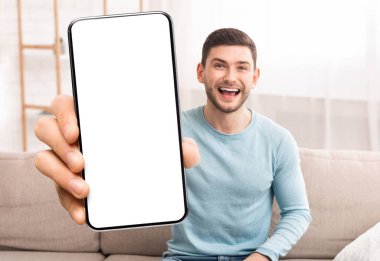 Mobil Teklif. Kamerada Boş Beyaz Akıllı Telefon Ekranı Gösteren Neşeli Genç Adam