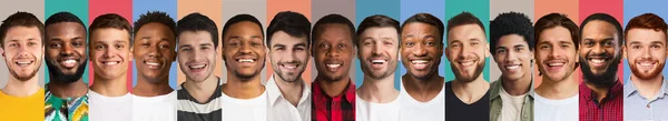 Σύνολο χαρούμενα πολυεθνικά αρσενικά πρόσωπα πάνω από πολύχρωμα backgrounds — Φωτογραφία Αρχείου