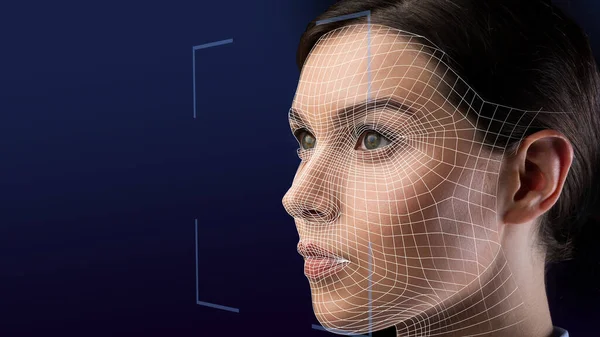 Close-up rosto retrato de mulher jovem caucasiano grave, dupla exposição varredura facial de senhora para pessoa de reconhecimento facial — Fotografia de Stock