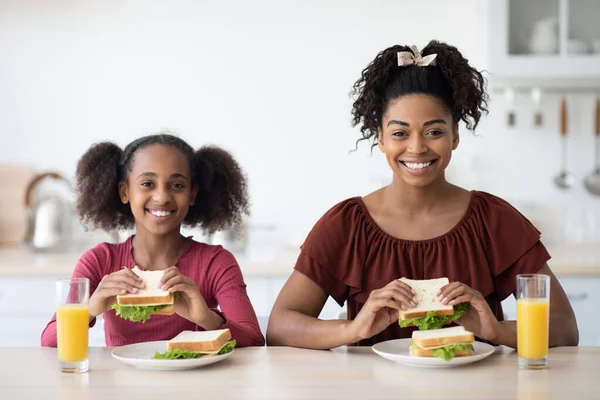 มีความสุข แอฟริกัน อเมริกัน แม่และลูกสาว ยังไม่ได้ทานอาหารกลางวันเพื่อสุขภาพ — ภาพถ่ายสต็อก