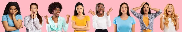 Millennial diverse etniciteit vrouwen uiten verschillende gezichtsemoties — Stockfoto