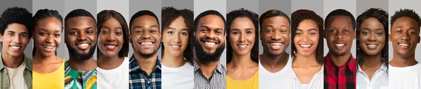 Retratos de pessoas felizes de etnia afro-americana sobre fundos cinzentos, colagem — Fotografia de Stock