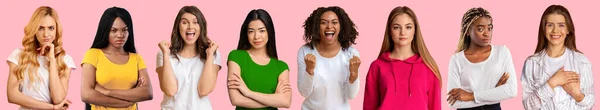 Grupp av ganska multiracial tusenåriga kvinnor uttrycker olika ansiktskänslor — Stockfoto