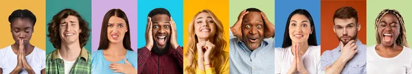 Set Of Diverse Multiethnic People Expressing Different Emotions Over Colorful Backgrounds — Stock Photo, Image