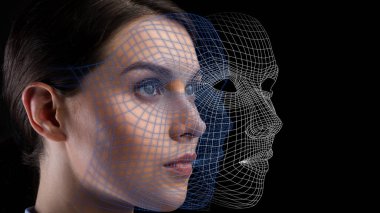 Bin yıllık konsantre beyaz kadın, grafik devresi ve dijital maske.