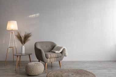 Ekose, parlak lamba, vazodaki kuru bitkiler, kanepe ve yuvarlak halı.