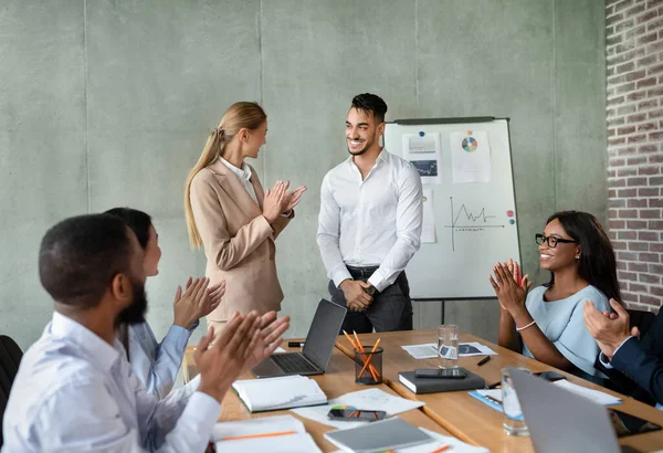 Successful Presentation. Business Team Applauding To Male Colleague During Corporate Meeting — Stock Photo, Image