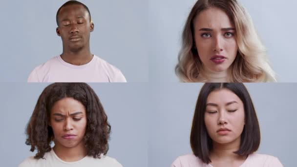 DepMosaic set of diverse international people feeling stressed and upset, blue studio background, slow motion — Stock Video