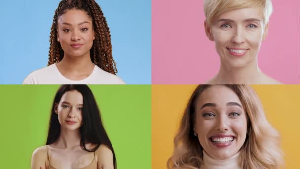 Mosaik collage av olika leende ansikten framgångsrika kvinnliga porträtt över olika färgglada studio bakgrund — Stockvideo